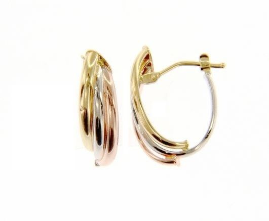 18K YELLOW WHITE ROSE GOLD OVAL HOOP EARRINGS SIZE 20 MM x 12 MM MADE IN ITALY