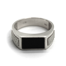 Load image into Gallery viewer, 18K WHITE GOLD MAN BAND 6mm THICK RING MODERN SQUARED RECTANGULAR BLACK ONYX.
