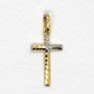18K YELLOW WHITE GOLD MINI TUBE FINELY HAMMERED CROSS, TWO FACES, MADE IN ITALY.