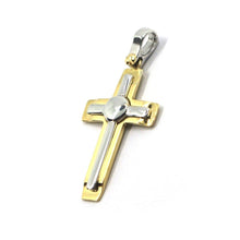 Load image into Gallery viewer, SOLID 18K YELLOW WHITE GOLD FLAT DOUBLE CROSS PENDANT 26mm 1.02&quot;, ITALY MADE.
