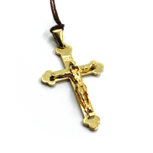 Load image into Gallery viewer, SOLID 18K YELLOW GOLD TRILOBE CROSS WITH JESUS, SMOOTH, FINELY WORKED, 28mm.
