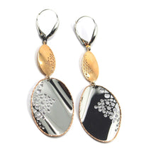 Load image into Gallery viewer, 18K WHITE ROSE GOLD PENDANT EARRINGS DOUBLE WORKED ONDULATE OVALS 6cm, 2.36&quot;
