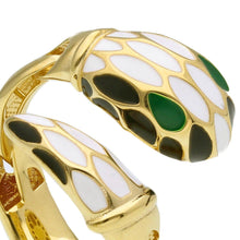 Cargar imagen en el visor de la galería, 18K YELLOW GOLD BAND CROSSED RING WITH WHITE, BLACK AND GREEN ENAMEL SNAKE.
