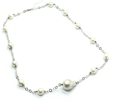 18k white gold necklace oval baroque central pearl, round pearls, rhombus chain.