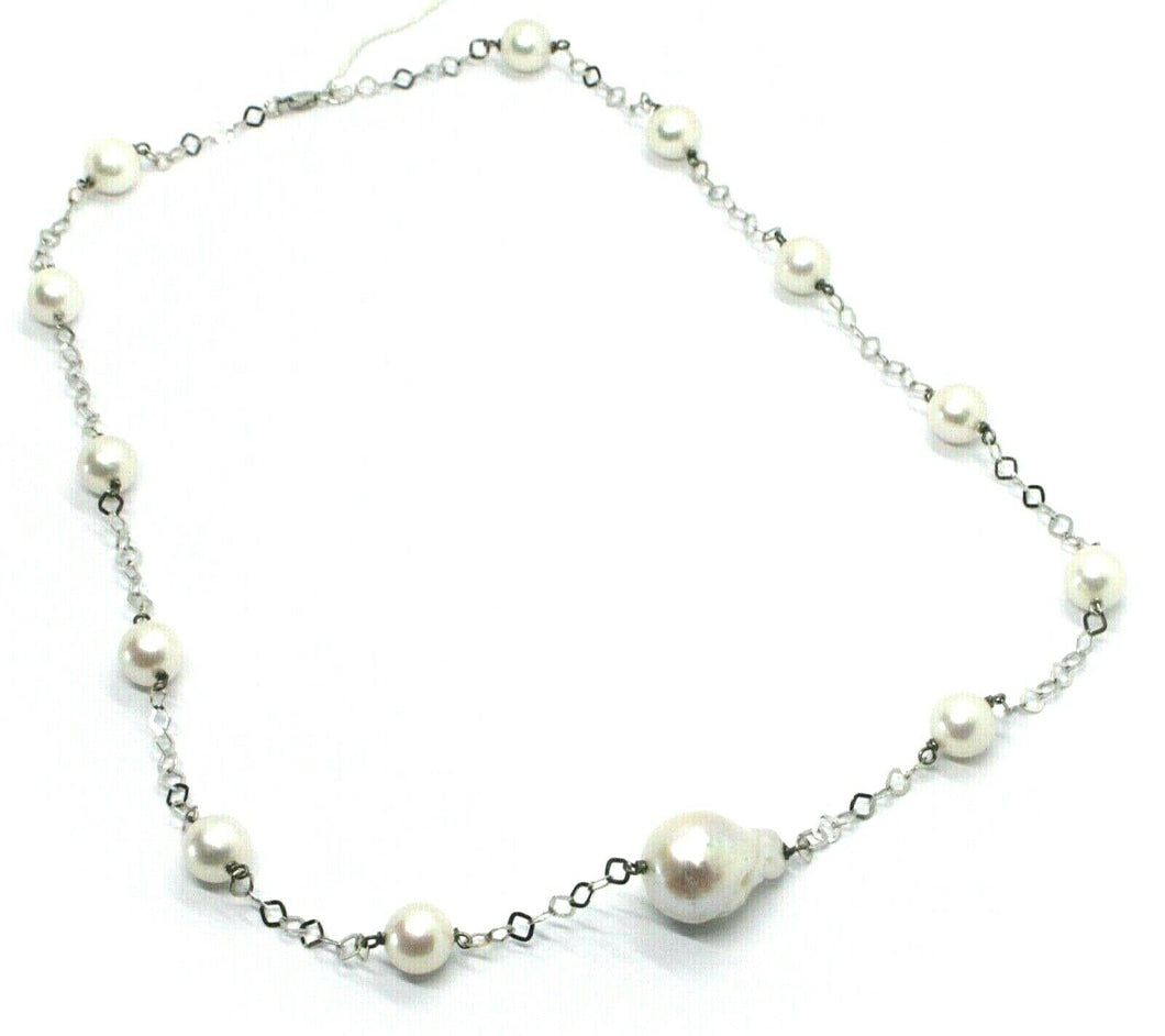 18k white gold necklace oval baroque central pearl, round pearls, rhombus chain
