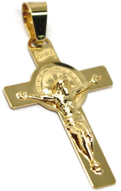 18K YELLOW GOLD FLAT CROSS WITH JESUS & SAINT BENEDICT MEDAL, 38 mm, 1.5
