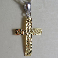 18k white yellow gold cross, pendant, stylized, hammered, arched, made in Italy.