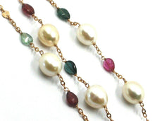 Load image into Gallery viewer, 18k rose gold long necklace rolo chain, big 12mm pearls &amp; tourmaline drops 35.4&quot;.
