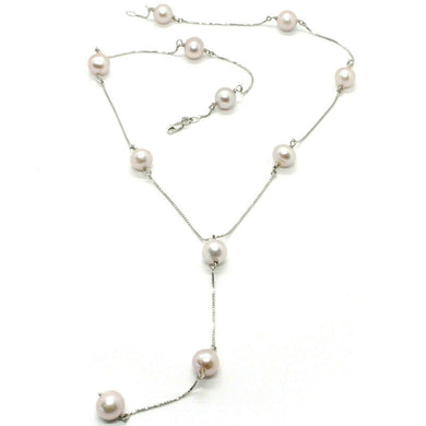18k white gold lariat necklace, venetian chain alternate purple pearls 8.5 mm.