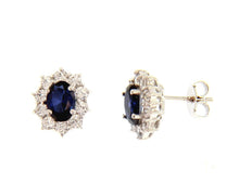 Load image into Gallery viewer, 18k white gold flower earrings oval blue crystal and cubic zirconia frame 13mm
