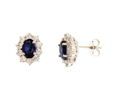 18k white gold flower earrings oval blue crystal and cubic zirconia frame 13mm.