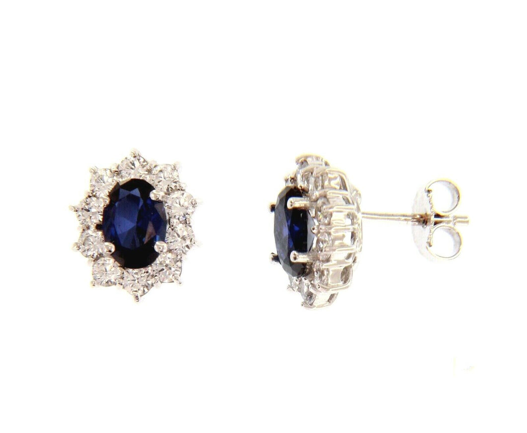 18k white gold flower earrings oval blue crystal and cubic zirconia frame 13mm