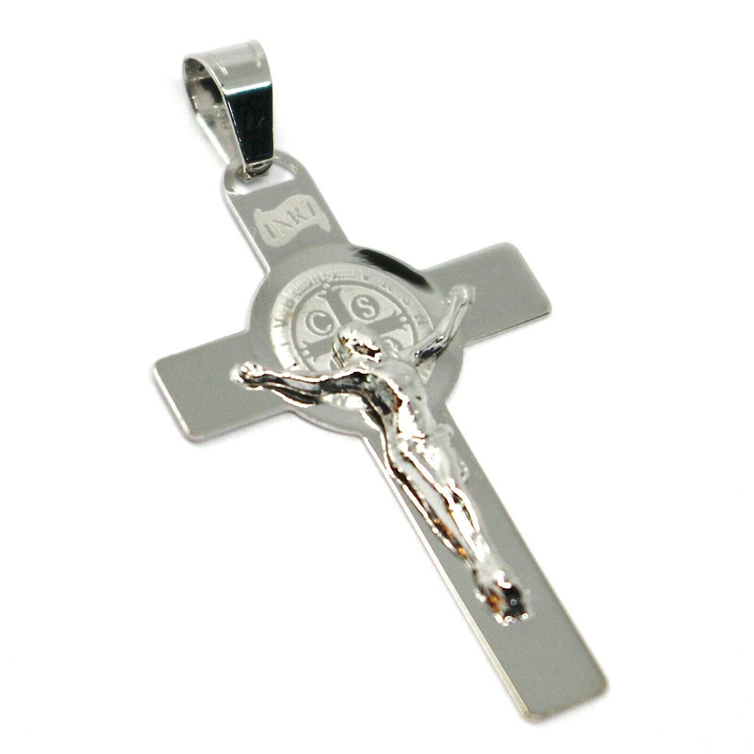 SOLID 18K WHITE GOLD BIG FLAT CROSS WITH JESUS & SAINT BENEDICT MEDAL, 34 mm.