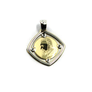 18K YELLOW WHITE GOLD PENDANT, SAINT PIO OF PIETRELCINA, 20mm RHOMBUS MEDAL.