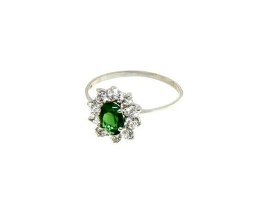 18k white gold flower ring oval green crystal and cubic zirconia frame.