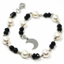 Load image into Gallery viewer, 18k white gold bracelet, faceted black spinel, pearls, flat moon pendant
