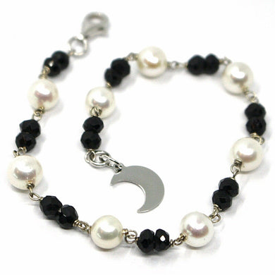 18k white gold bracelet, faceted black spinel, pearls, flat moon pendant.