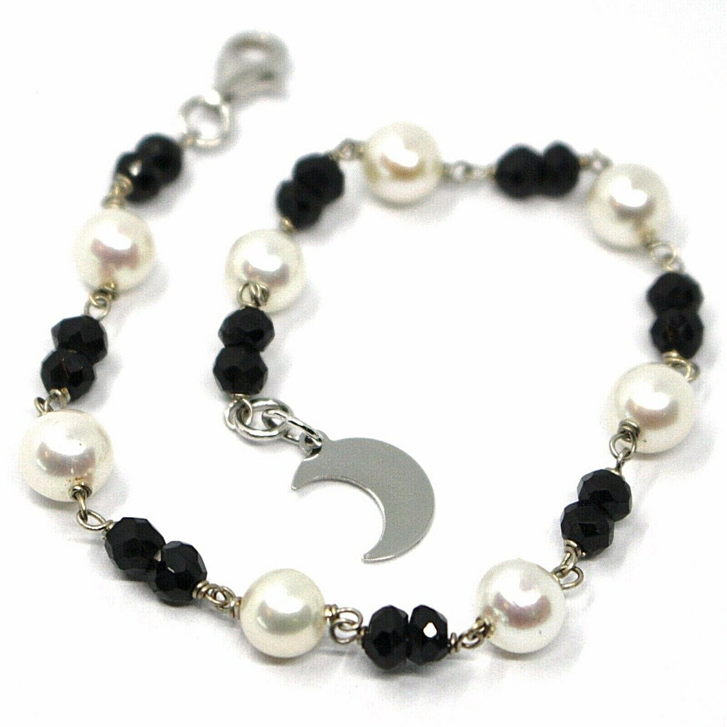 18k white gold bracelet, faceted black spinel, pearls, flat moon pendant
