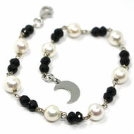 18k white gold bracelet, faceted black spinel, pearls, flat moon pendant.