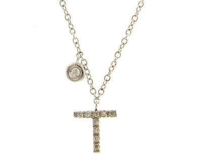 18k white gold necklace, pendant mini initial letter T, 0.7 cm, 0.3