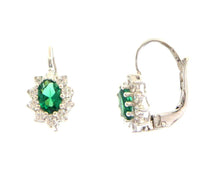 Load image into Gallery viewer, 18k white gold flower leverback earrings oval green crystal cubic zirconia frame.
