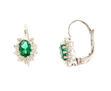 18k white gold flower leverback earrings oval green crystal cubic zirconia frame.