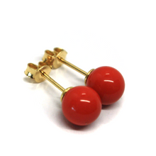 Load image into Gallery viewer, 18k yellow gold 8mm spheres intense red reconstructed coral button earrings.
