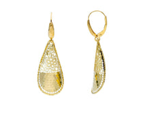 Load image into Gallery viewer, 18K YELLOW GOLD PENDANT 42mm EARRINGS HONEYCOMB WORKED ONDULATE FLOWER DROPS.
