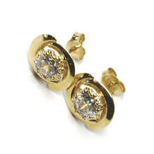 Load image into Gallery viewer, 18K YELLOW GOLD BUTTON EARRINGS CUBIC ZIRCONIA, OVAL WAVE WORKED FRAME, 10 MM.
