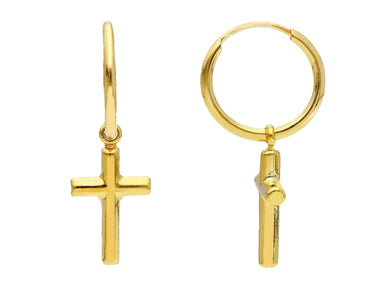 18K YELLOW GOLD EARRINGS, ROUND 10mm CIRCLE HOOPS, PENDANT 10mm CROSS.
