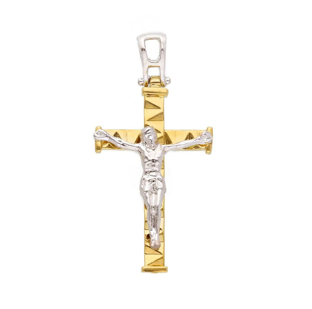 18K YELLOW WHITE GOLD SQUARED STYLIZED CROSS PENDANT, SMOOTH JESUS CHRIST, 28mm.