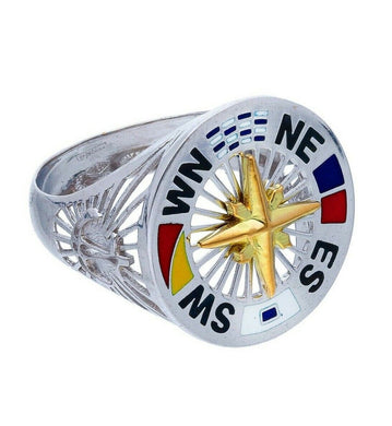 18k white yellow gold band ring, nautical anchor flags enamel compass wind rose.