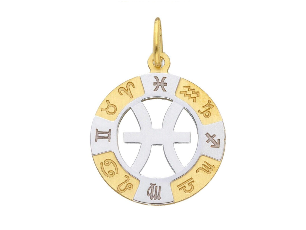 18k yellow white gold zodiac sign round 20mm medal pendant, zodiacal pisces.