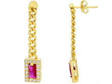 Load image into Gallery viewer, 18K YELLOW GOLD PENDANT EARRINGS, GOURMETTE CUBAN CURB CHAIN, RED ZIRCONIA
