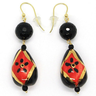18K YELLOW GOLD EARRINGS ONYX, BLACK AND RED CERAMIC DROP HAND PAINTED IN ITALY.
