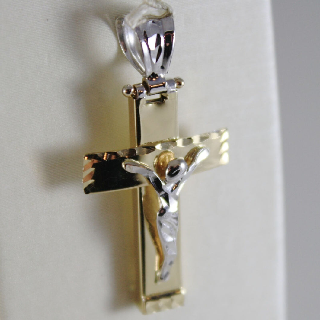 18K YELLOW WHITE GOLD CROSS WITH JESUS, SHINY BRIGHT 1.26 INCHES, MADE IN ITALY
