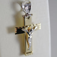 18K YELLOW WHITE GOLD CROSS WITH JESUS, SHINY BRIGHT 1.26 INCHES, MADE IN ITALY.