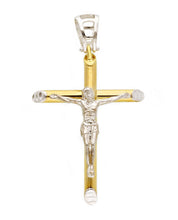 Load image into Gallery viewer, 18K YELLOW WHITE GOLD TUBOLAR SMOOTH CROSS PENDANT, WITH JESUS CHRIST, BIG 40mm.
