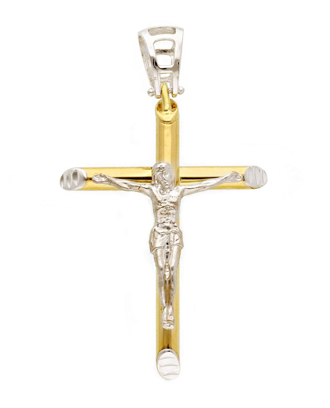 18K YELLOW WHITE GOLD TUBOLAR SMOOTH CROSS PENDANT, WITH JESUS CHRIST, BIG 40mm.