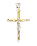 18K YELLOW WHITE GOLD TUBOLAR SMOOTH CROSS PENDANT, WITH JESUS CHRIST, BIG 40mm.
