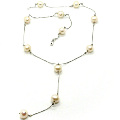 18k white gold lariat necklace, venetian chain alternate peach pearls 8.5 mm.