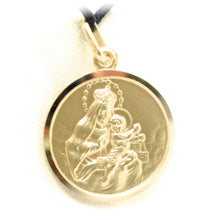 Load image into Gallery viewer, 18k yellow gold Scapular Our Lady of Mount Carmel Sacred Heart medal 15mm Virgin Mary of Carmen pendant.
