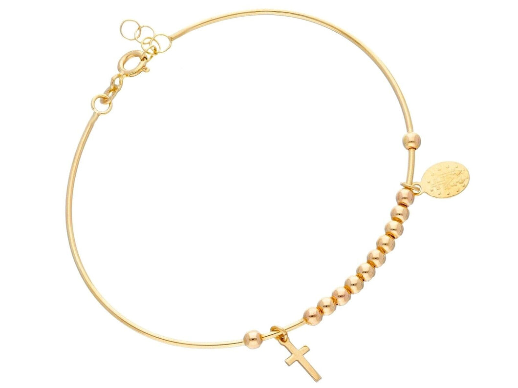 18K YELLOW GOLD BANGLE TUBE BRACELET, SPHERES, PENADNT CROSS MIRACULOUS MEDAL.