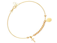 18K YELLOW GOLD BANGLE TUBE BRACELET, SPHERES, PENADNT CROSS MIRACULOUS MEDAL.