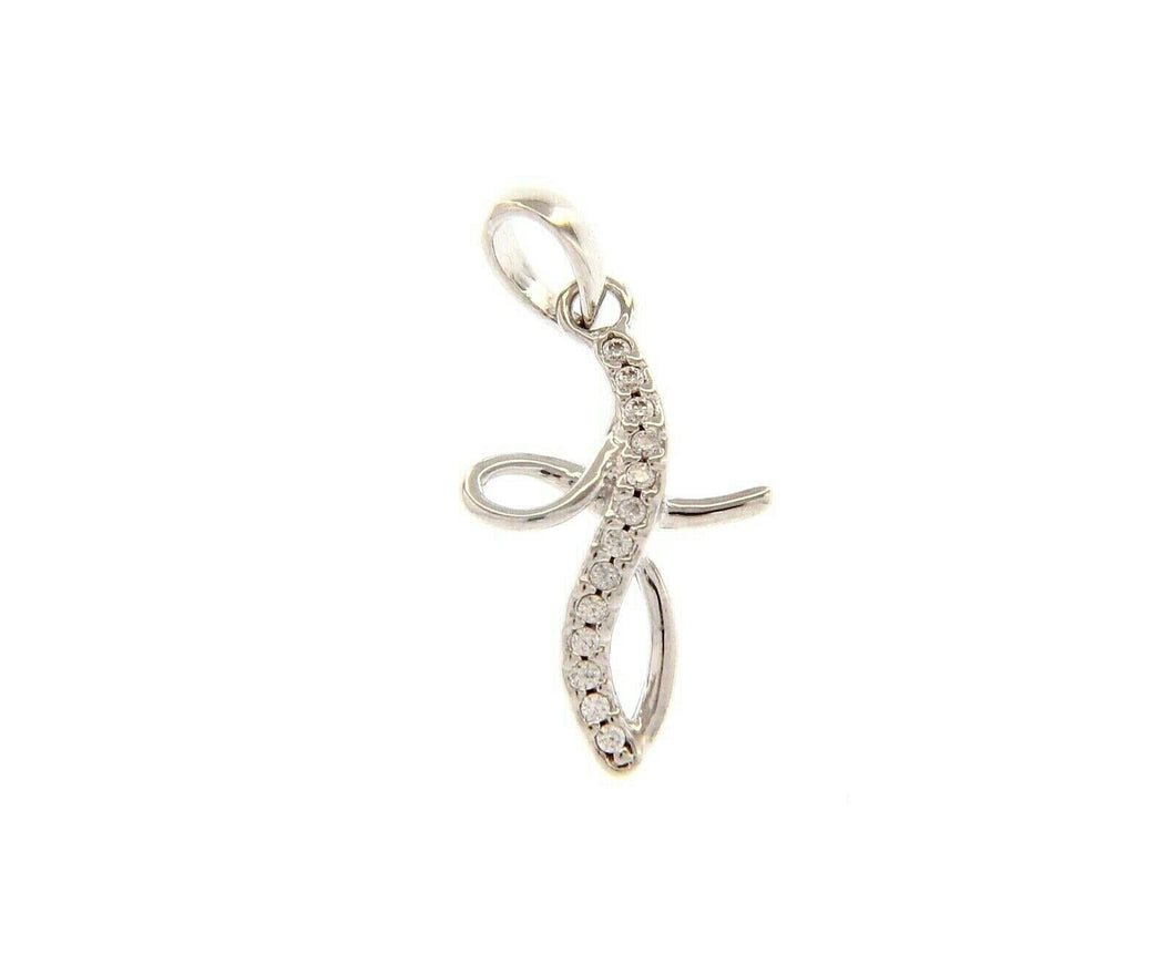18K WHITE GOLD 20mm ONDULATE CROSS WITH WHITE ROUND CUBIC ZIRCONIA