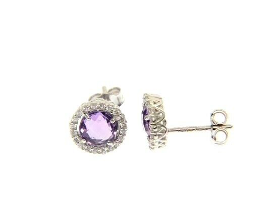 18k white gold earrings cushion round purple amethyst and cubic zirconia frame.