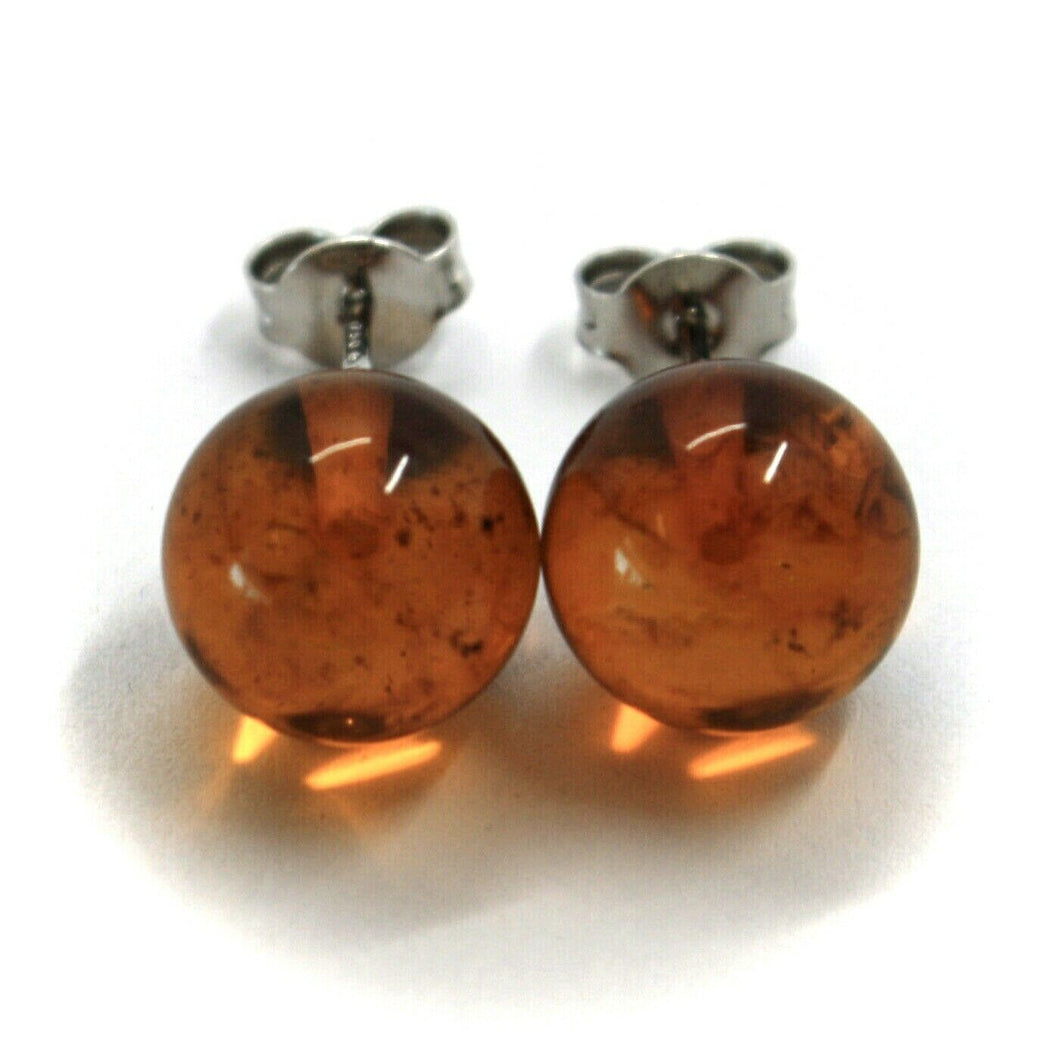 solid 18k white gold lobe earrings, orange amber 11mm spheres butterfly closure