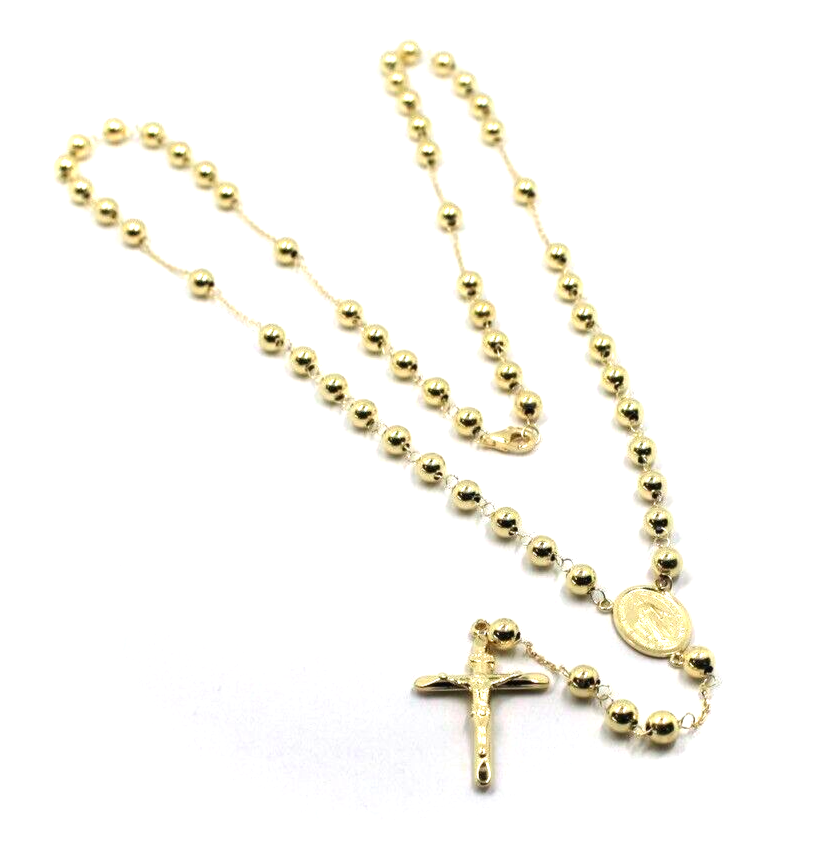 18k yellow gold Rosary necklace Miraculous Mary medal Jesus Cross 5mm spheres.