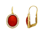 18K YELLOW GOLD OVAL CABOCHON RED CORAL PENDANT EARRINGS CUBIC ZIRCONIA FRAME.