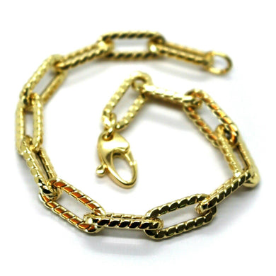 18K YELLOW GOLD BRACELET OVAL STRIPED SQUARE TUBE LINK 6.5mm, 19cm MADE IN ITALY.